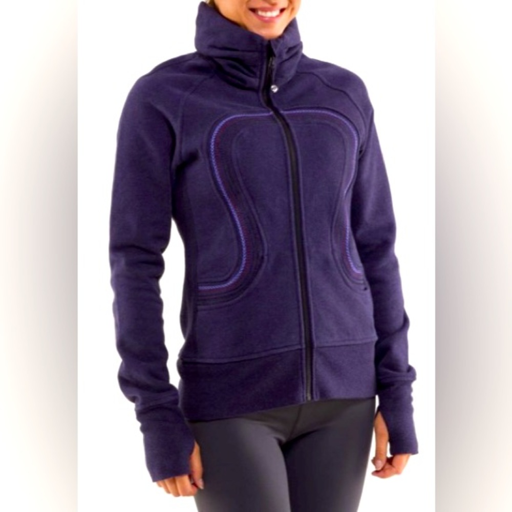 Lululemon Cuddle-Up Scuba Embroidered Cotton Fleece Zip Front Thumb Holes Blue